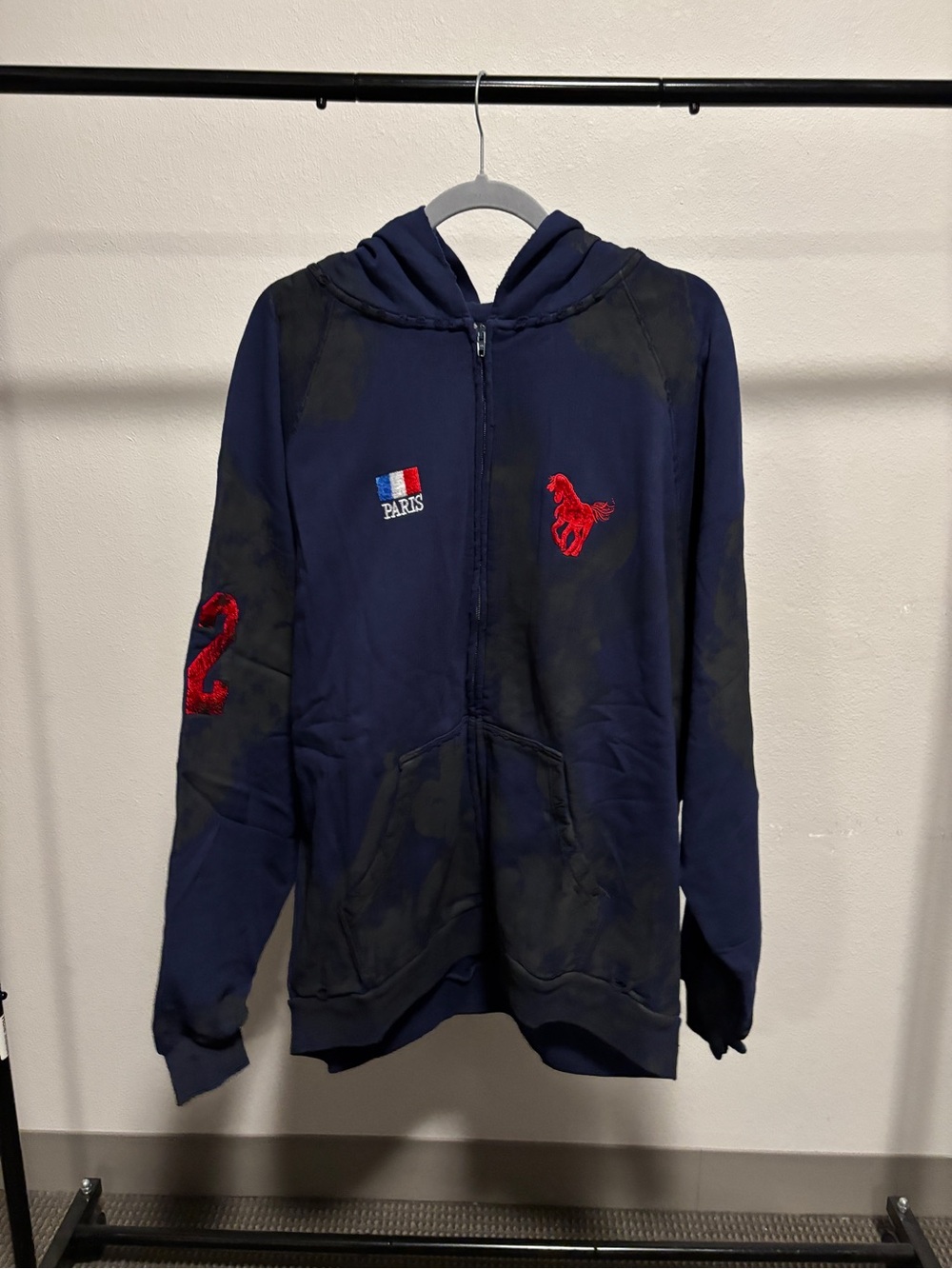 Balenciaga Navy Zip Paris hoodie with distressing